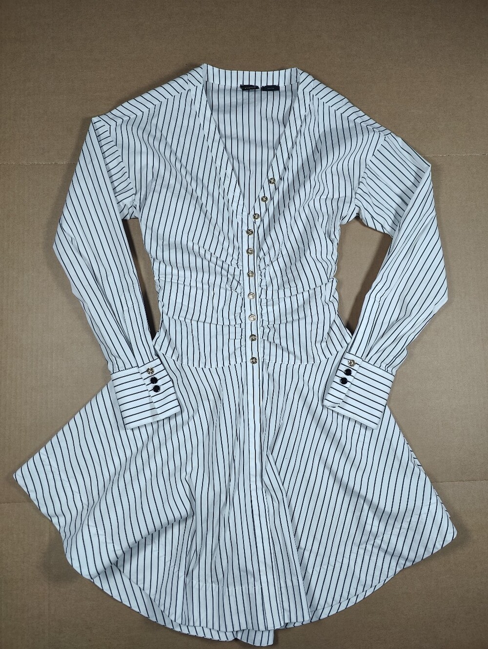 Pinko Anchise Womens White Striped Ruched Cotton Poplin Fit And Flare Dress Sz 6